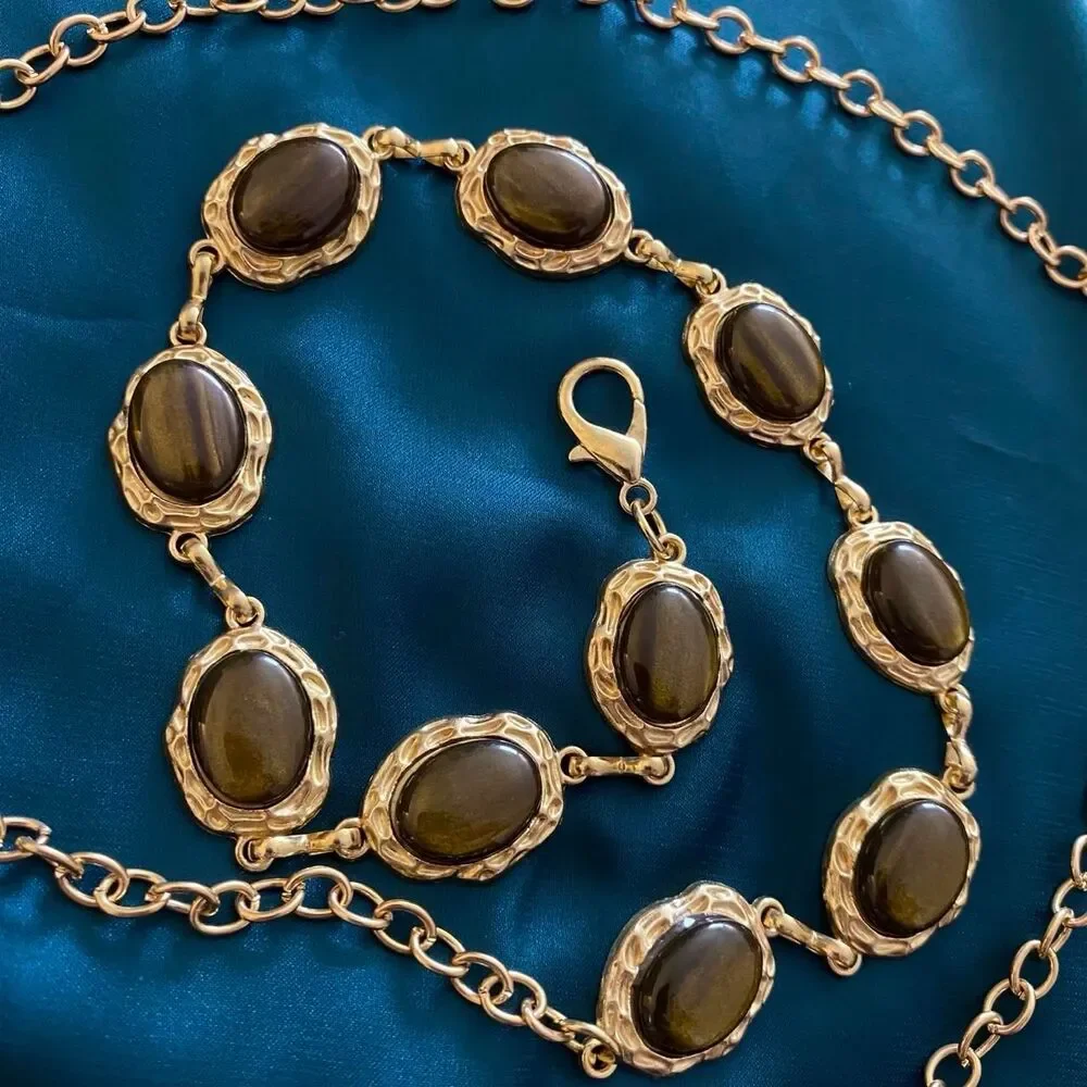 Gold Tiger Eye Faux Stone Western Boho Chain Belt, Fits 16-38 Inches, X7GA1412